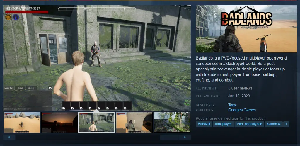 Steam page for “Badlands” game, with description matching quote in text. The logo has a bullet splitting it, making the letter B look like a D. A game screenshot shows a shirtless person about to engage with a person who has a shirt