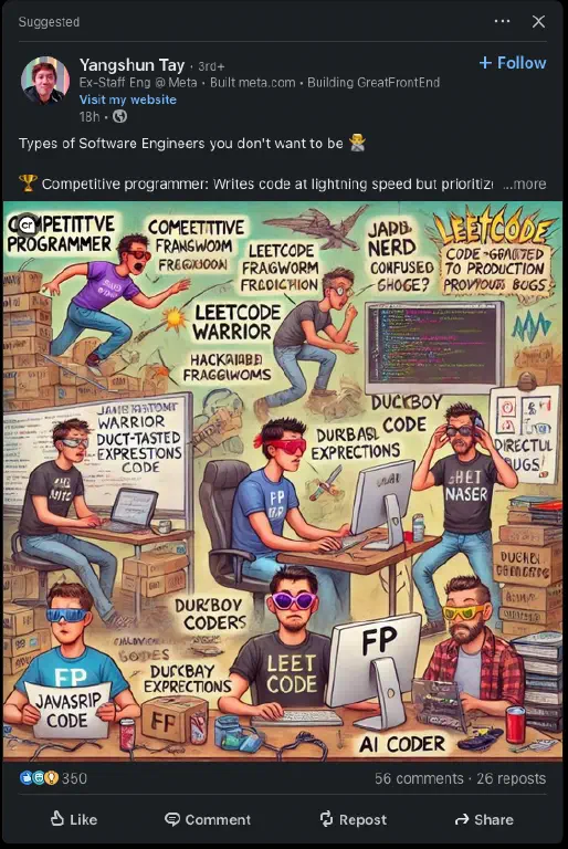 AN AI-generated image which I think is referencing the text of the post? Many Dall-E style word distortions, like “duckboy code” and “confused shoge?”