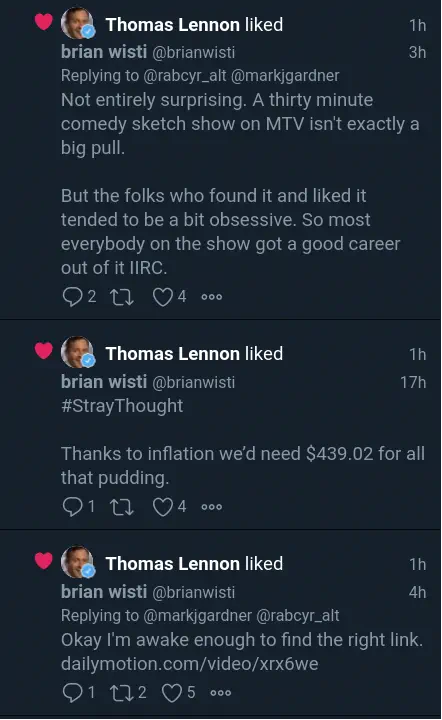 TweetDeck notifications screenshot showing my pudding tweet and ensuing Twitter conversation liked by Thomas Lennon, one of the cast members of the skit I was thinking of.