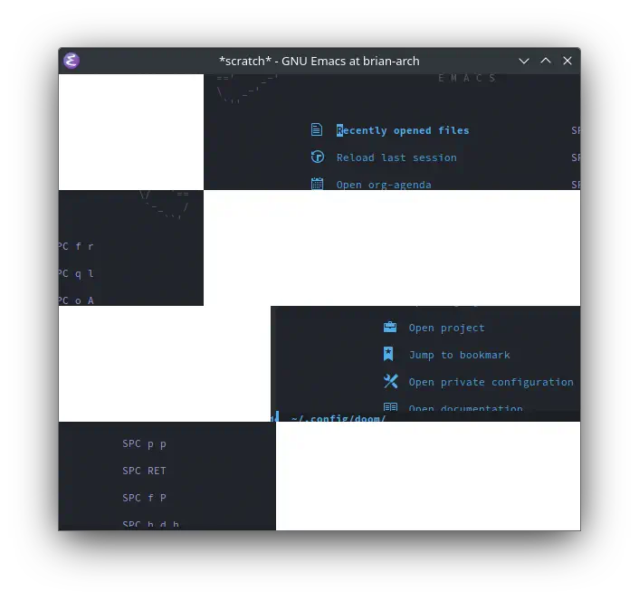 And emacs window displaying as tiles of text on a black background, and plain white tiles without text