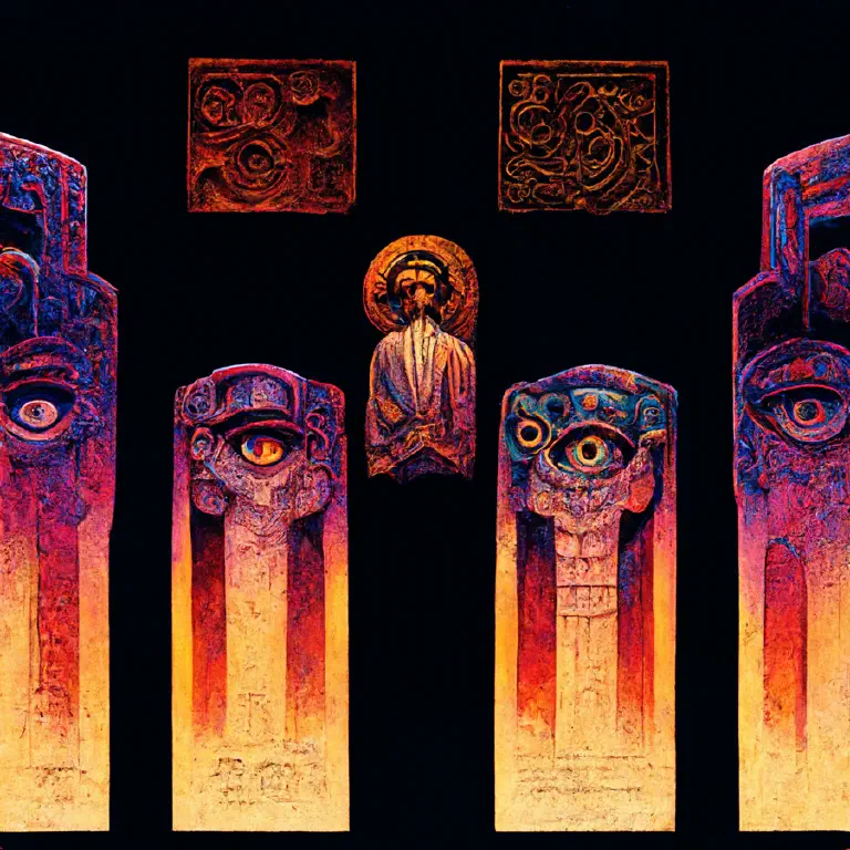 Same shapes as previous, but sort of decayed and mutated looking; eyes in the pillars instead of figures