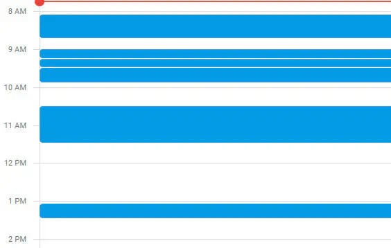 blocked out calendar with intermittent meetings from around 8am until 1:15pm, with a break for lunch.