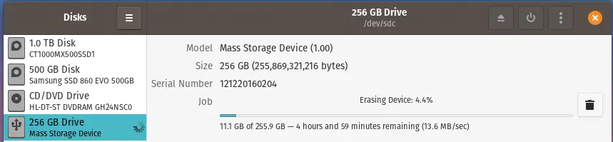Screenshot of Pop OS “Disks” partitioning a 256GB SD card, with four hours and 59 minutes remaining