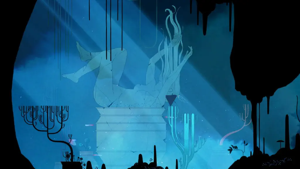 underwater, fractured statue of woman falling(?)