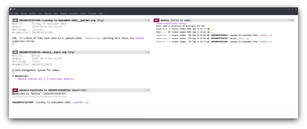 Emacs showing a single frame split into views of the note folder, a journal note, a linked note about denote, and a backlink list; note filenames clearly indicate timestamp, title, and keywords