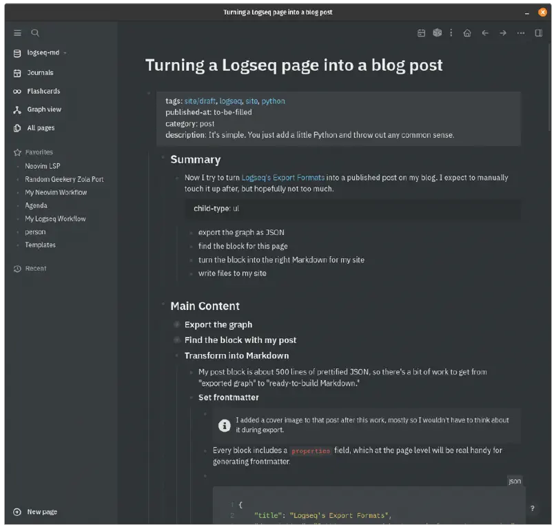 Screenshot of Logseq outlining the sections and content of a new blog post.