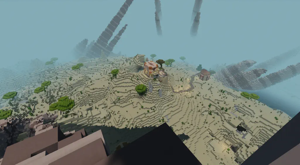 A higher up view of the same desert badlands scene, but the house is now two stories, with sandy colors from desert building materials. A stone path can be seen leading to a second building.