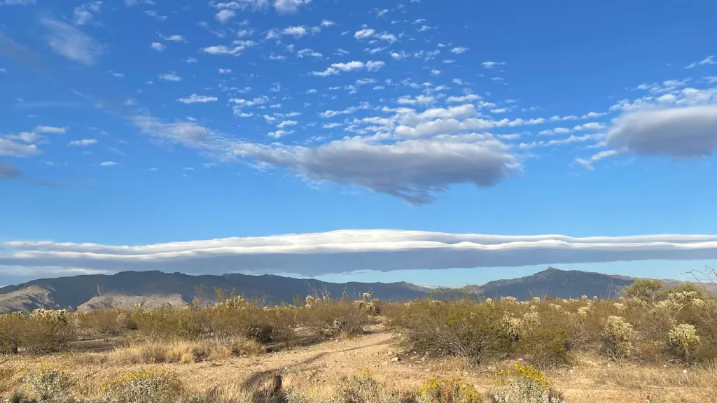 Long cloud hanging low and bright casting a shadow over desert mountains, with other clouds of varying fluffiness visible