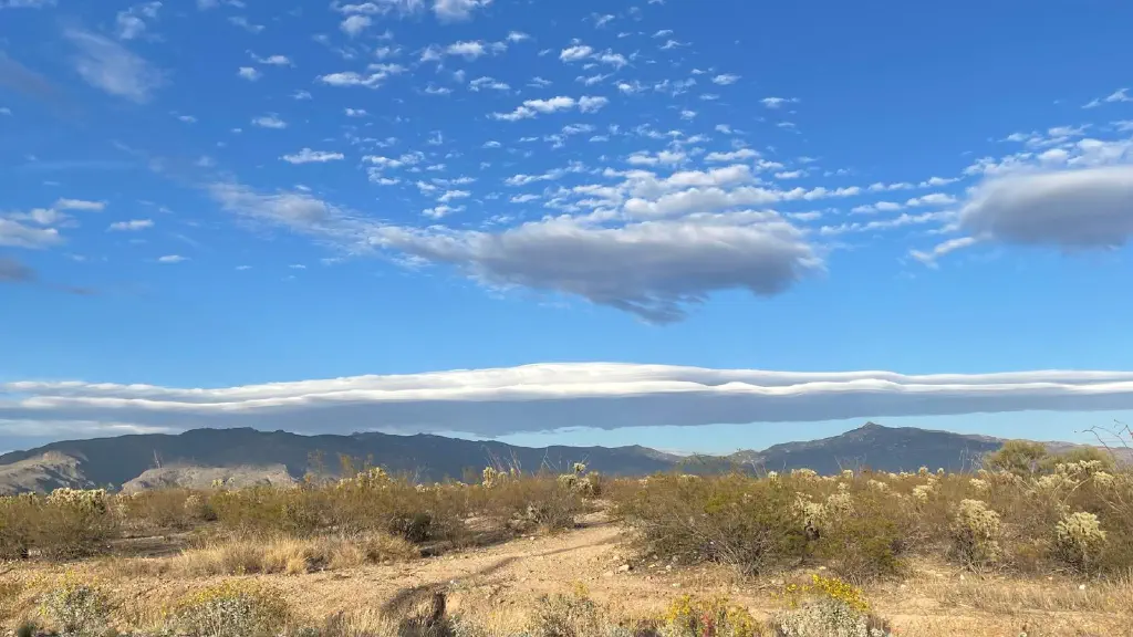 Long cloud hanging low and bright casting a shadow over desert mountains, with other clouds of varying fluffiness visible