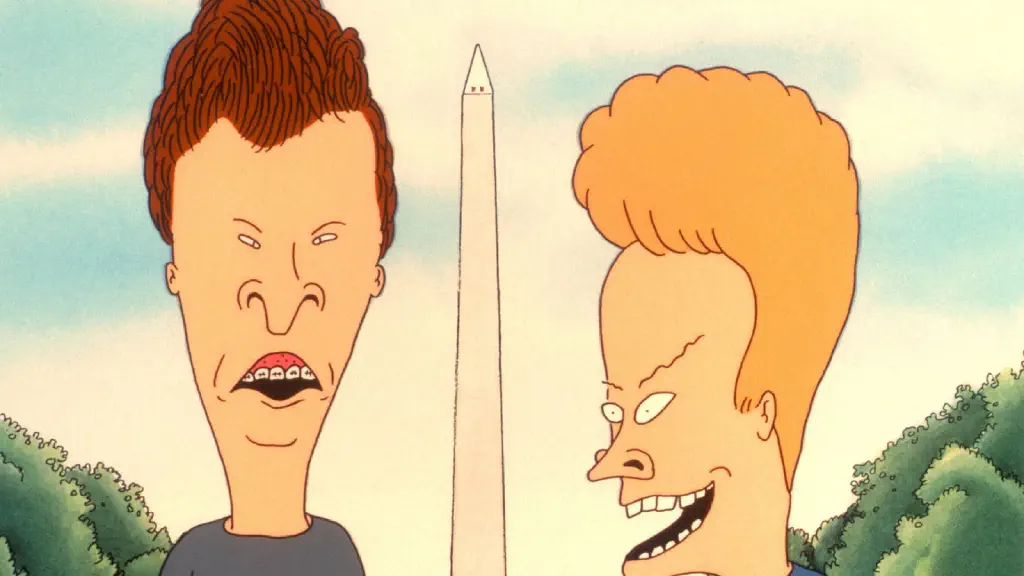 Beavis and Butthead laughing in front of the Washington Monument, probably because it looks like a penis