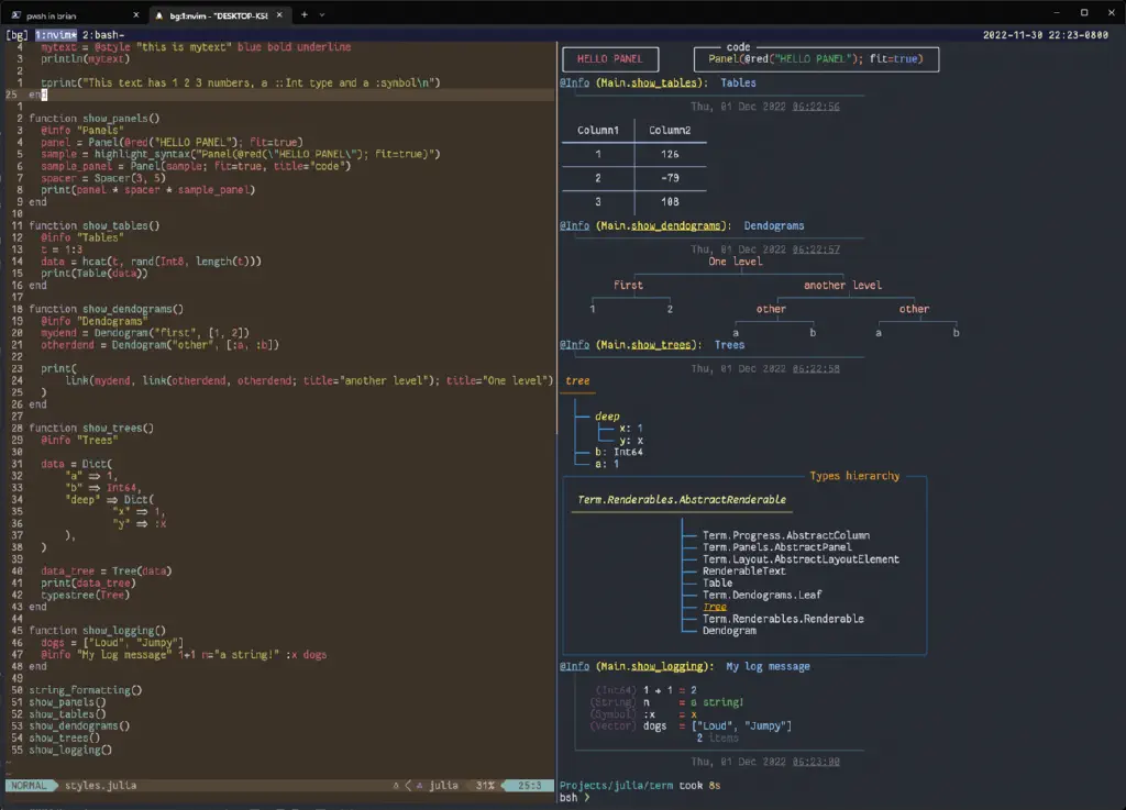 Julia code samples and fancy formatted terminal output