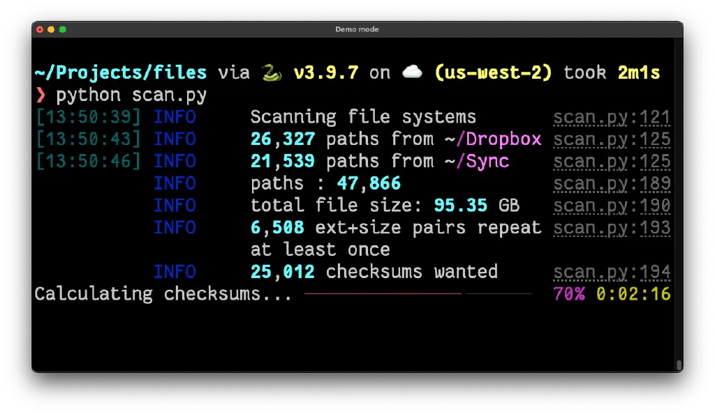 screenshot of file scan in progress, with current step calculating checksums