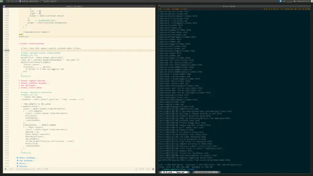 awesomewm screenshot with emacs in one half and a terminal in the other