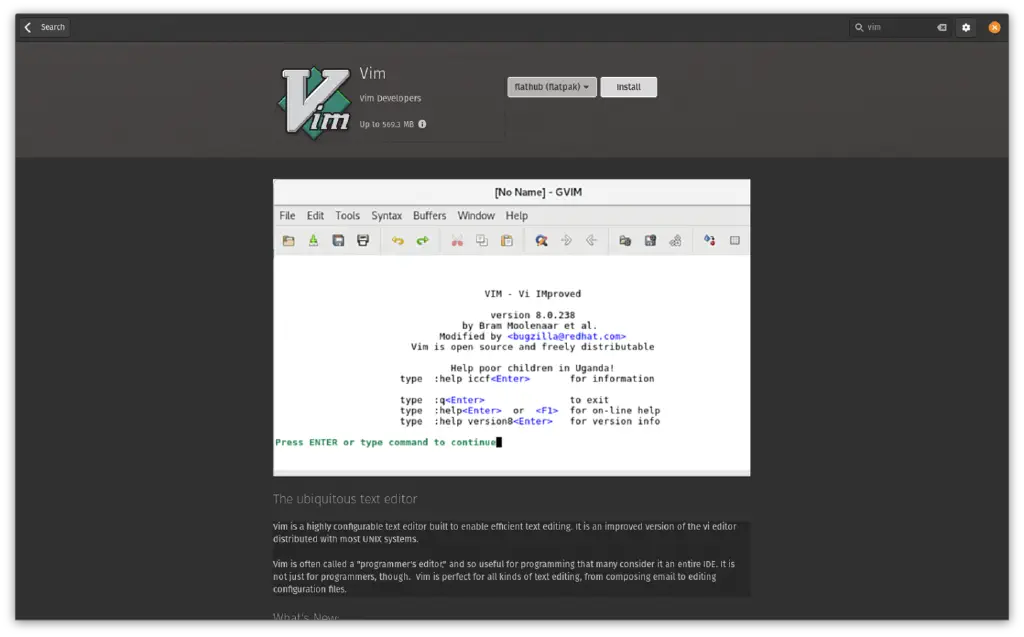pop_os store installation page for gvim, “up to 569.3 MB”