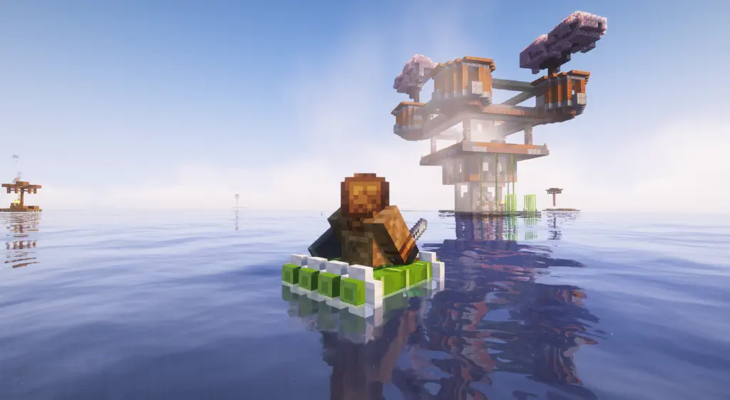 looking over the shoulder of character in primitive diving suit on a bamboo raft, as they look at a multi-story structure built over his life pod on an ocean world, cherry blossom trees flowering from the roof of the structure.