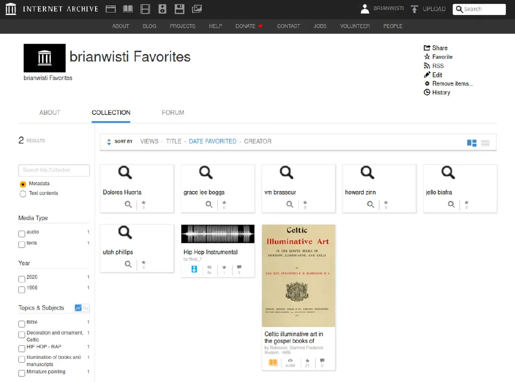 bookmarked searches include Dolores Huerta, Grace Lee Boggs, VM Brasseur, Howard Zinn, Jello Biafra, and Utah Phillips