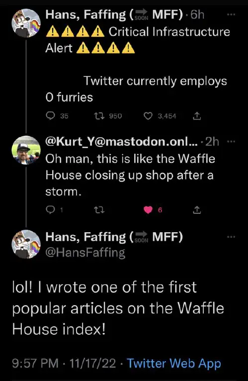 Linked tweet about Twitter infrastructure in danger due to lack of furries in employment, a reply comparing it to Waffle House being closed after a storm, and the original tweeter noting they wrote one of the early popular pieces about the Waffle House Index