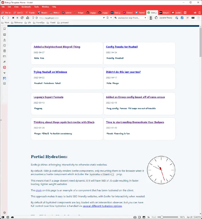Screenshot of Elder.js starter site adjusted to list my recent posts instead of the stock blog tutorial pages.
