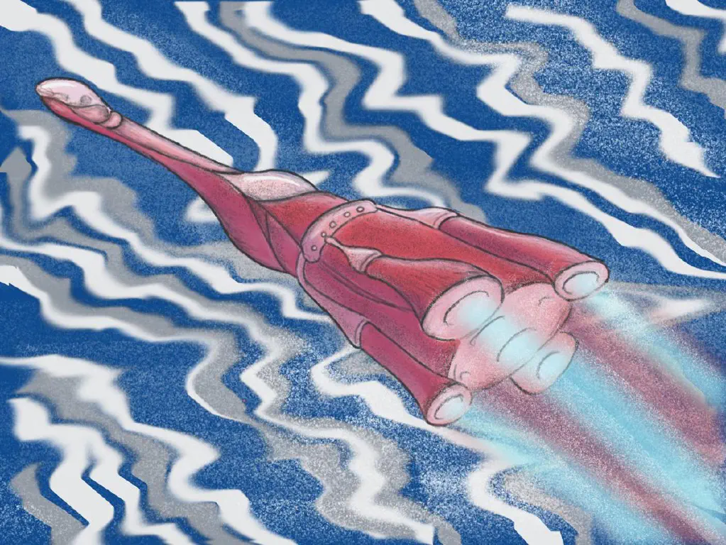 Cartoony spaceship shaped like an electric toothbrush
