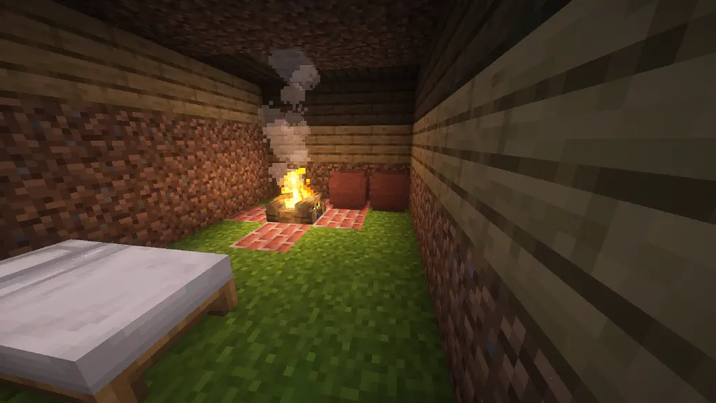interior of a wood and dirt hut, with clay pots near a campfire on a brick floor section