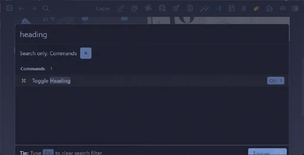 Logseq command pallete searching for “heading”, showing single “Toggle Heading” command with keybinding “Control 1”