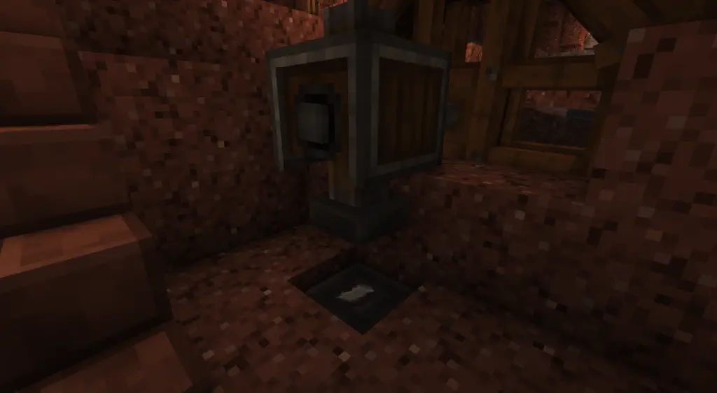 close up view of a Create mod mechanical press powered by a large waterwheel, pressing an iron ingot into an iron sheet