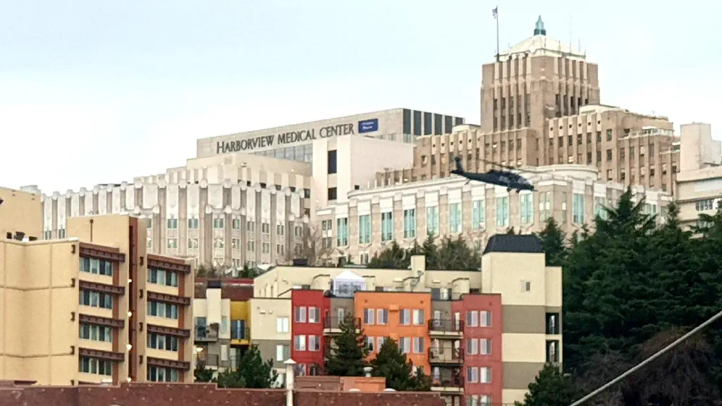Helicopter taking off from hospital pad