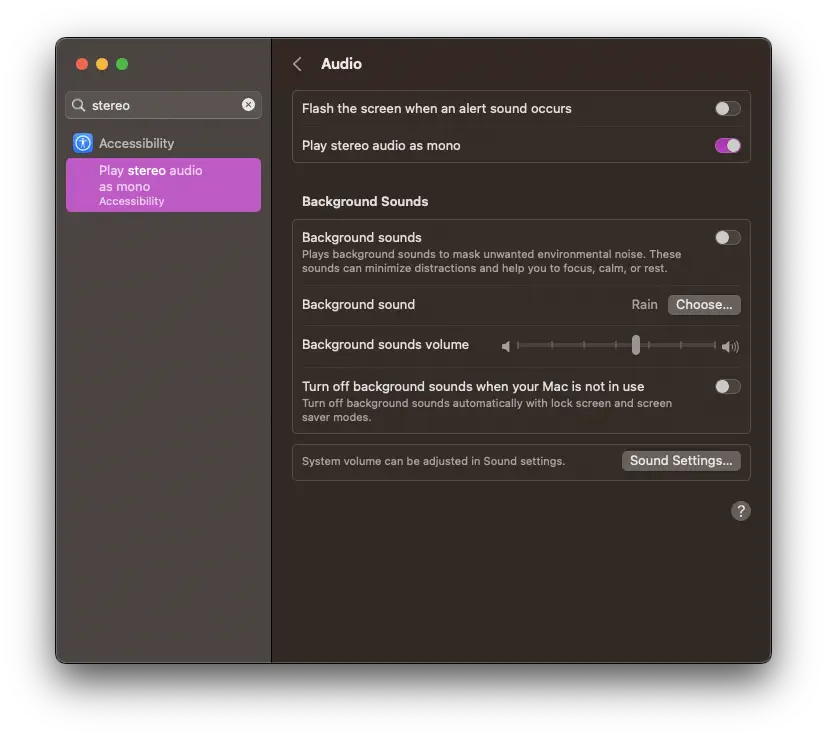 macOS Audio settings with controls for background sounds.
