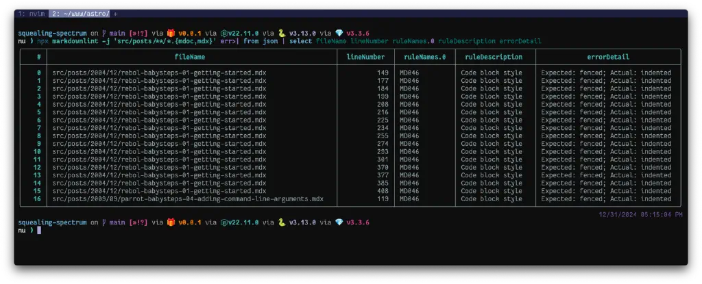 Markdownlint JSON output piped into a Nushell table