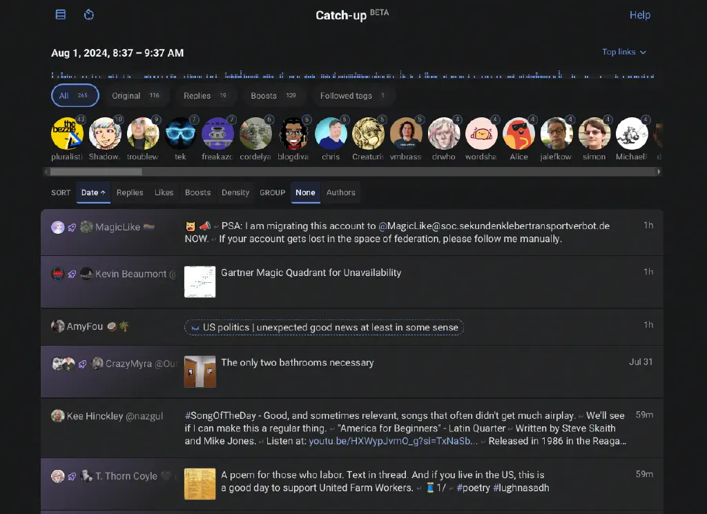 Summary of posts and boosts from people I follow over the last hour, filterable by original posts, replies, boosts, and followed tags; avatars are displayed for users active in this time frame, with the activity count for reach person; a tabular list of toots is below, with options for sorting and grouping