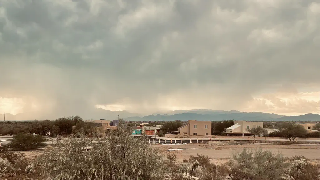 Large ominous clouds visibly dumping rain in the distance