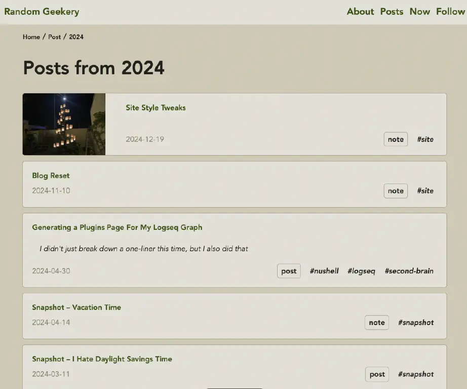 the same post listing as a nicely arranged list of preview cards; some previews have image thumbnails on the left edge, with post info placed further right to make room