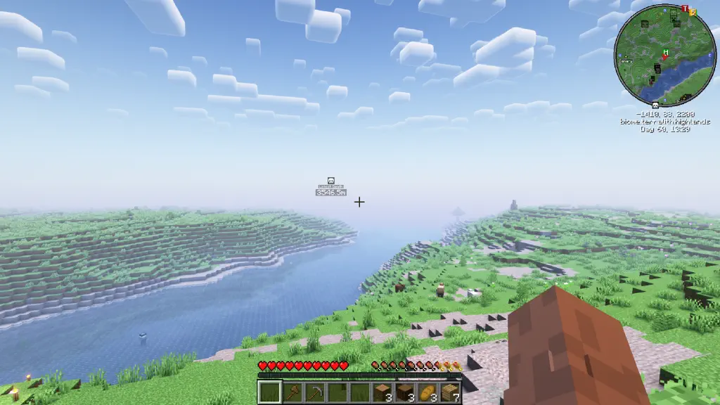 Looking over a serence river valley in-game, with waypoint indicator that latest death is about three and a half thousand blocks away