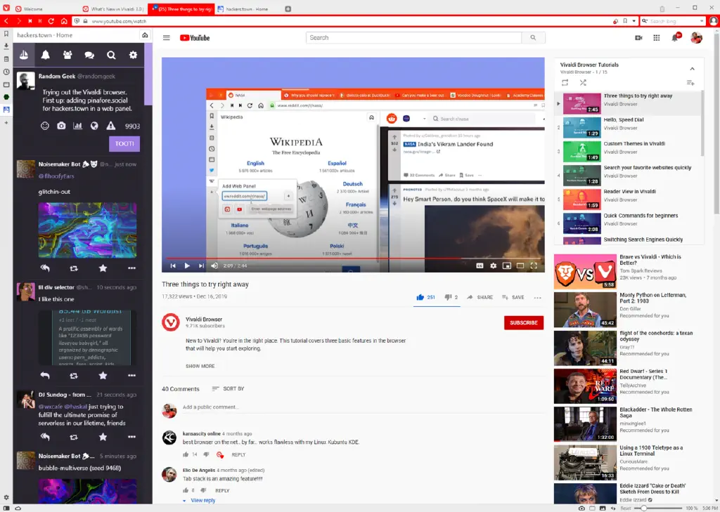 browser screenshot with Vivaldi browser intro video in main window, pinafore.social in sidebar