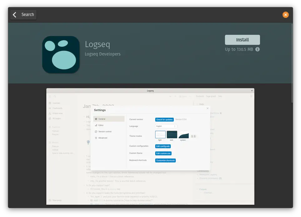 Screenshot of Logseq app detail page in Pop OS software search.
