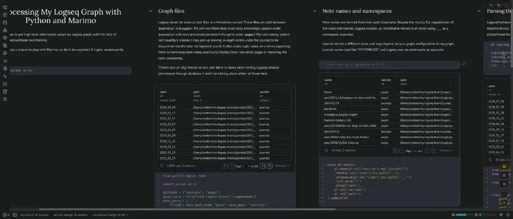 draft of prose and code about processing my Logseq graph with Python and marimo; arranged into columns for the concepts covered. Visible columns include “Graph files” and “Note names and namespaces”