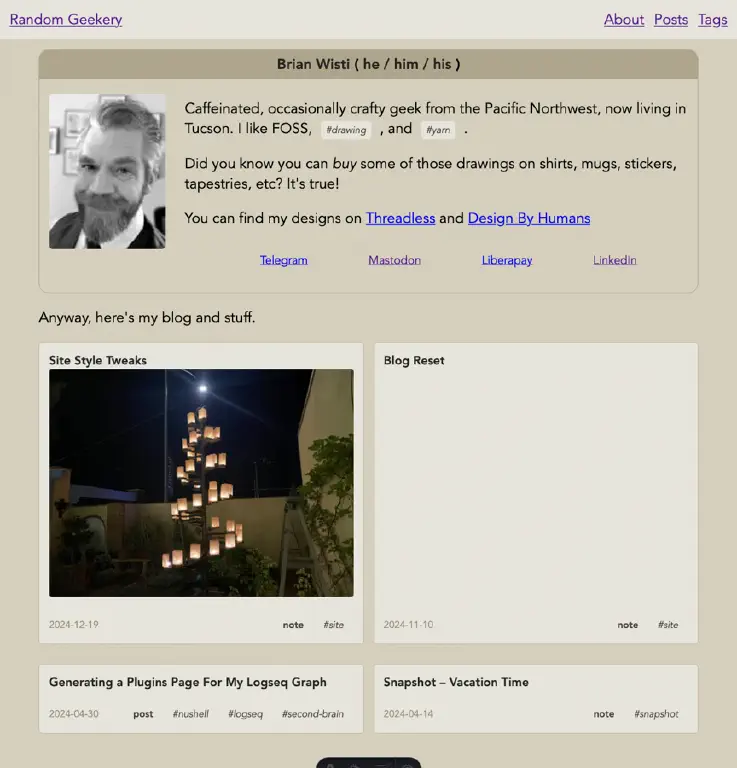 front page of blog, with my site author profile card and a listing of recent posts
