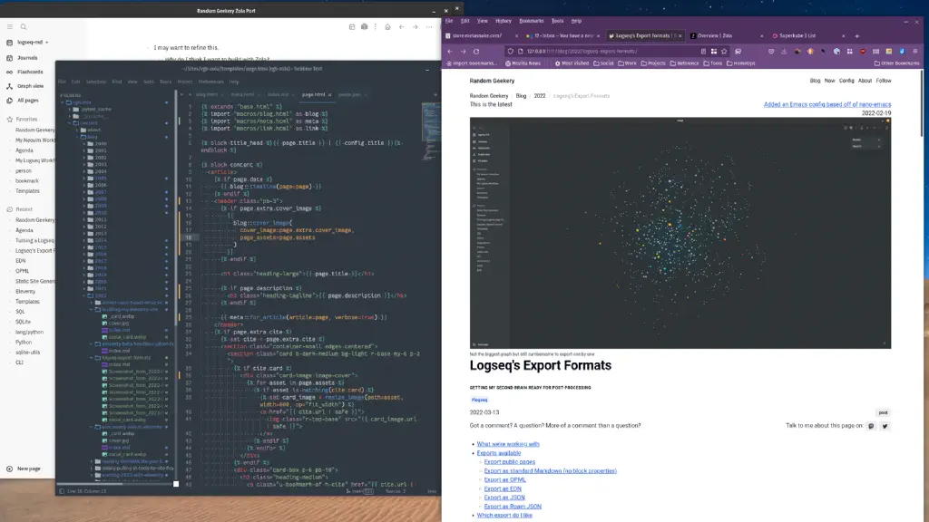 Screenshot of Sublime Text showing Tera templates for Zola, and a browser window with work in progress of the site itself.