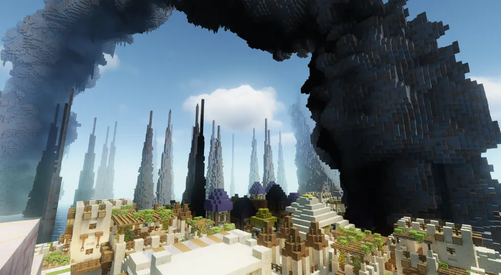 large Minecraft under a huge natural arch. A pyramid is visible surrounded by village buildings.