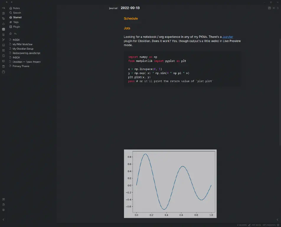 Obsidian note showing prose, some Python code, and a chart resulting from that code spaced at some distance from the code.