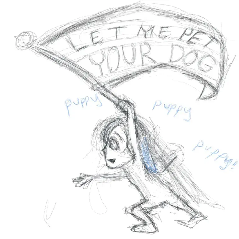 Cartoony person straining towards something while holding a flag that says “LET ME PET YOUR DOG”