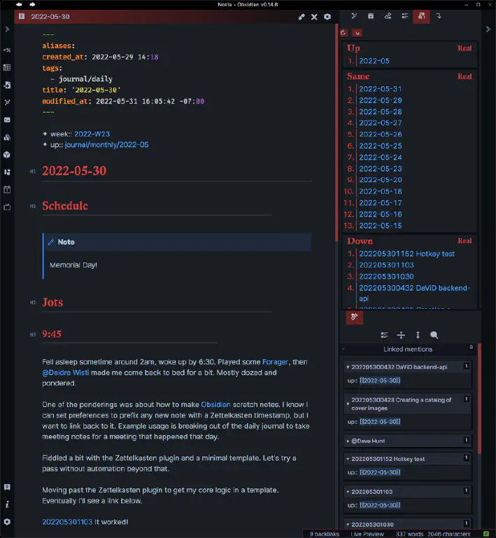 Obsidian screenshot showing yesterday’s note with a breadcrumb panel indicating hierarchical neighbors of the page