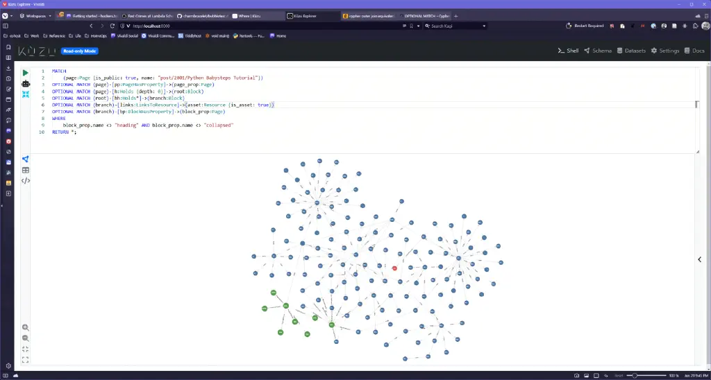 Cypher query with many optional matches, with graph displaying a page, all its properties, all its blocks, all block properties, and all links to local asset files