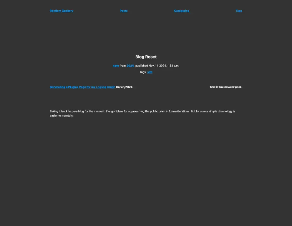 a small blog post, with links to pages for its category, published year, tags, and a navigation link to the previous post