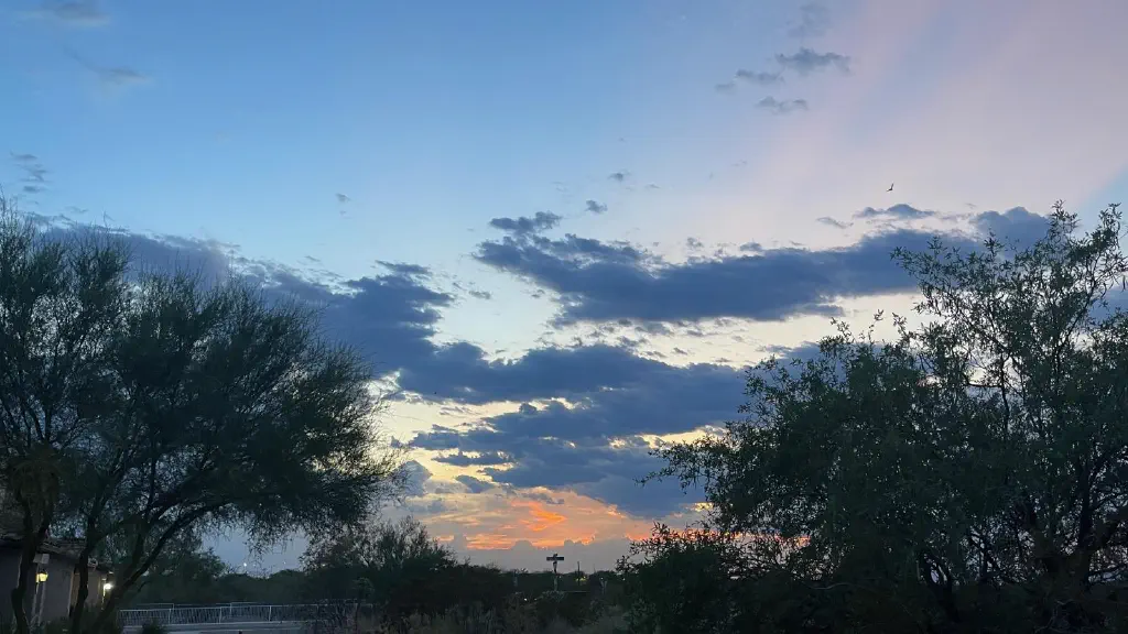 large dark clouds overlapping orange sunset, framed between two trees; wispy pinkish lavender clouds against darkening blue sky forms a backdrop for the whole scene
