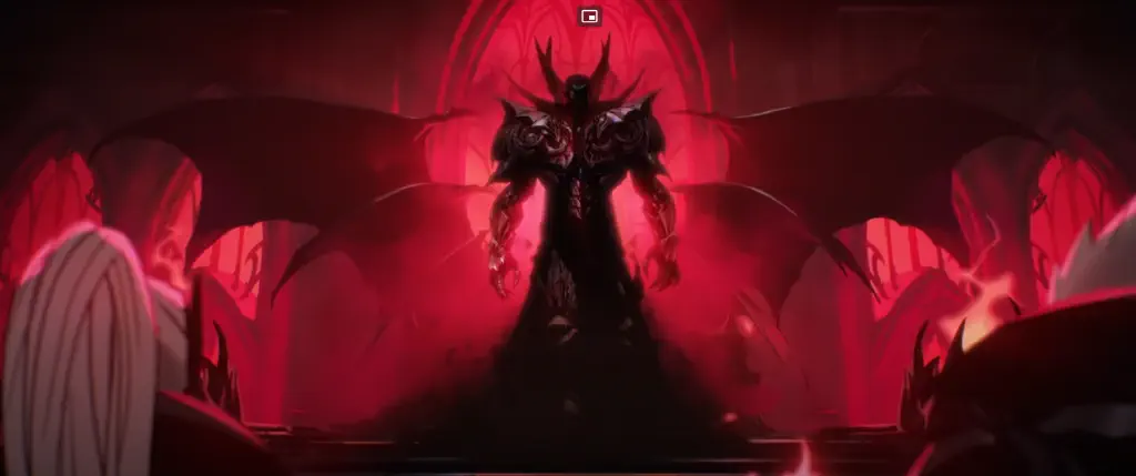 shadowy view of excessively buff antagonist with some kind of giant metal shoulder pads I think