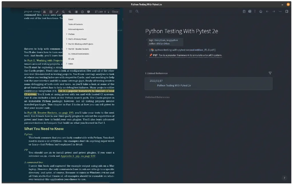Logseq screenshot with view split betwen PDF of &ldquo;Python Testing With Pytest 2nd Edition&rdquo; and a notes page for reading; a block of text is highlighted, and the highlighted text appears in notes page with PDF page link