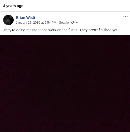 FB post of large black square. Text over square reads &ldquo;They&rsquo;re doing maintenance work on the fuses. They aren&rsquo;t finished yet.&rdquo;
