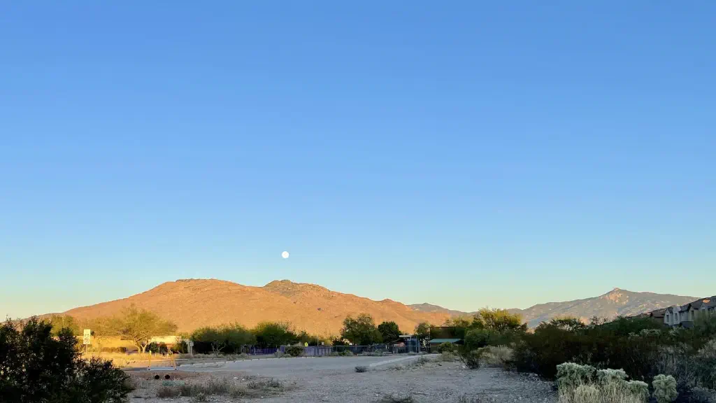 Desert mountains under clear sky, with nearly full moon over a peak
