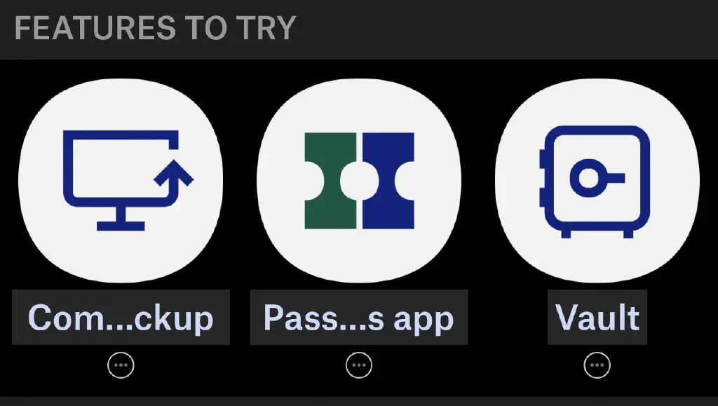 From screenshot of Dropbox iOS app, “Features To Try”, with suggestions unhelpfully shortened: “Com…ckup”, “Pass…s app”, and “Vault”